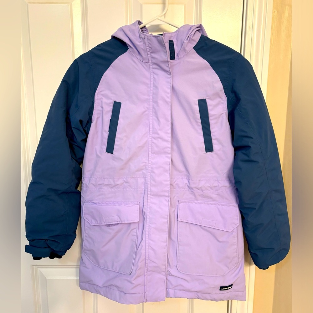 Youth girls winter coat. Lands End. Size M (10-12). Purple with slate gray.